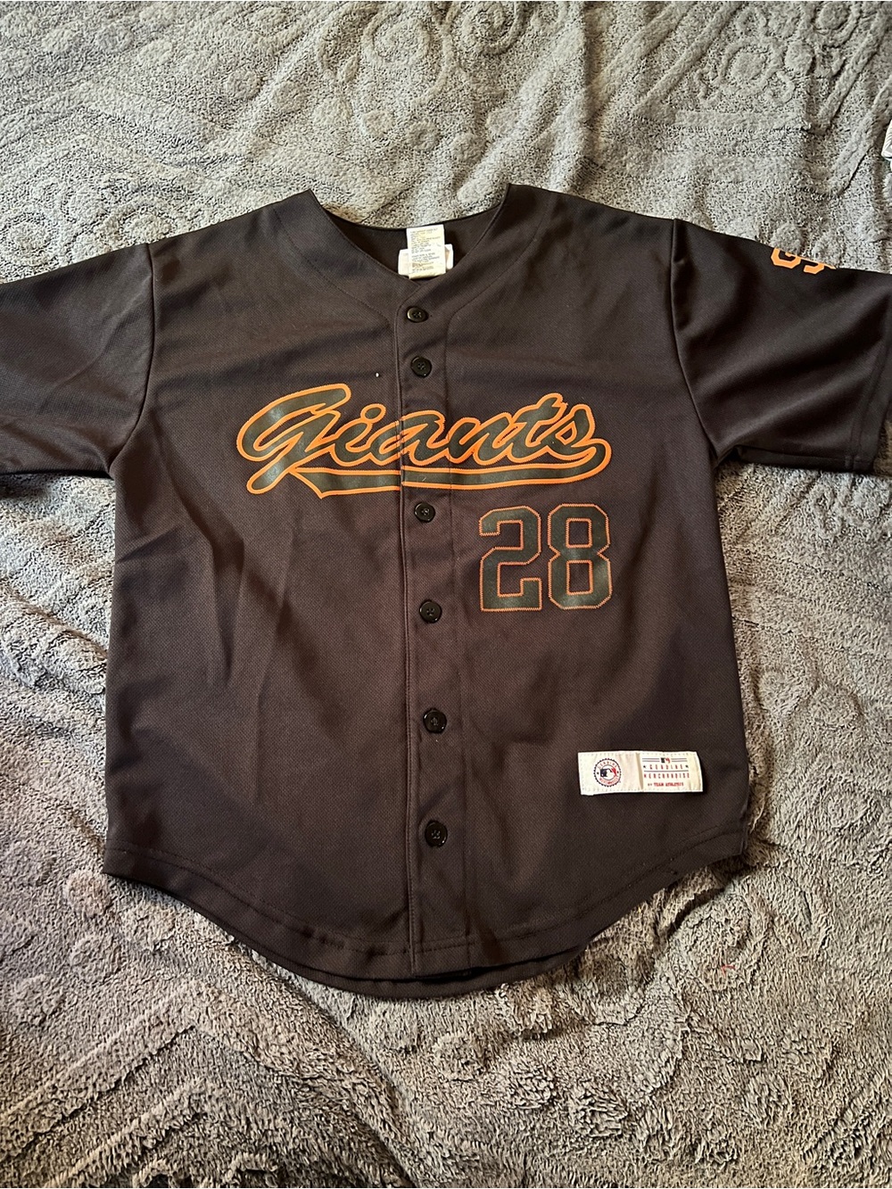 Youth Giants #28 Buster Posey Black and Orange Baseball Jersey